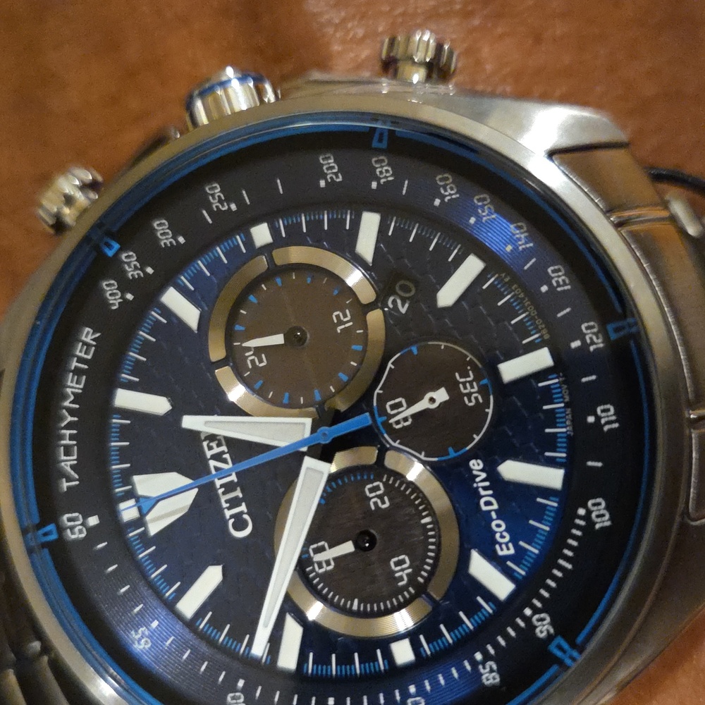 New Citizen Eco-Drive Watch CA4560-81L Chronograph Blue Dial Silver Steel Strap - Picture 7 of 8